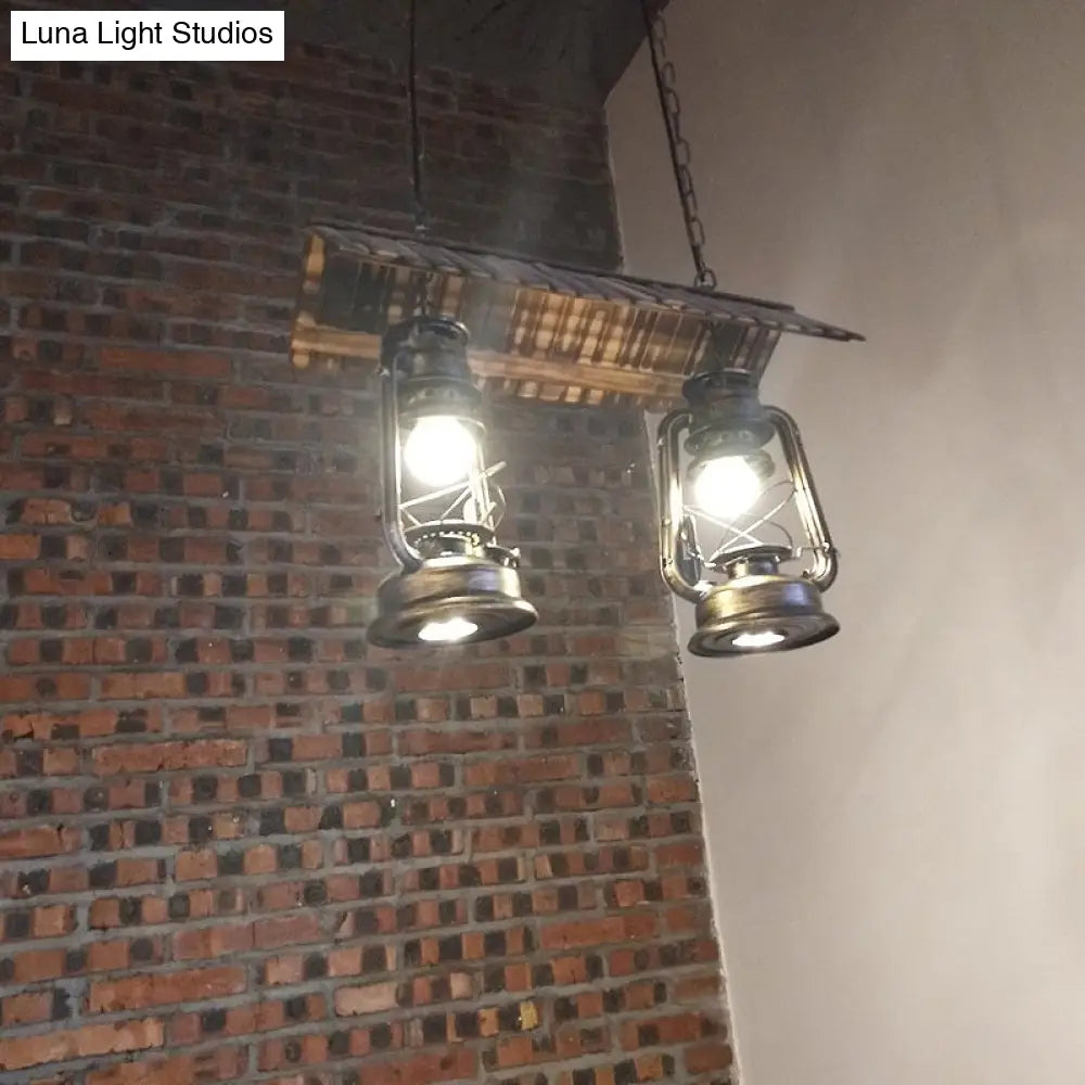 Vintage Style Kerosene Island Light Chandelier With 2 Dark Brown Metal Pendant Lights For Kitchen