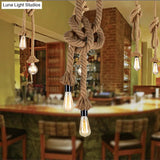 Vintage Style Light Brown Rope Pendant With Open Bulb - 2 Heads Ceiling Hanging Lighting For Bar