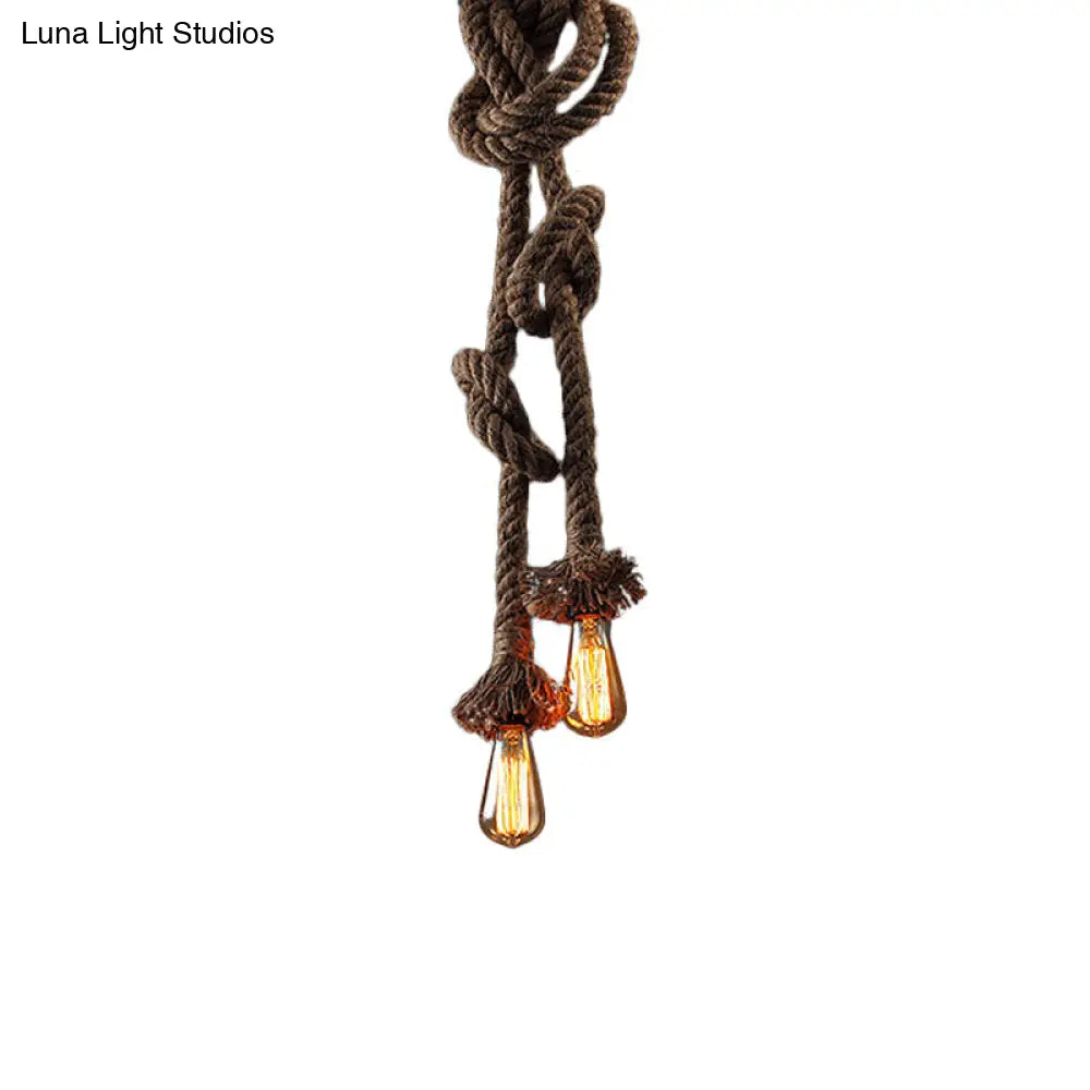 Vintage Style Light Brown Rope Pendant With Open Bulb - 2 Heads Ceiling Hanging Lighting For Bar