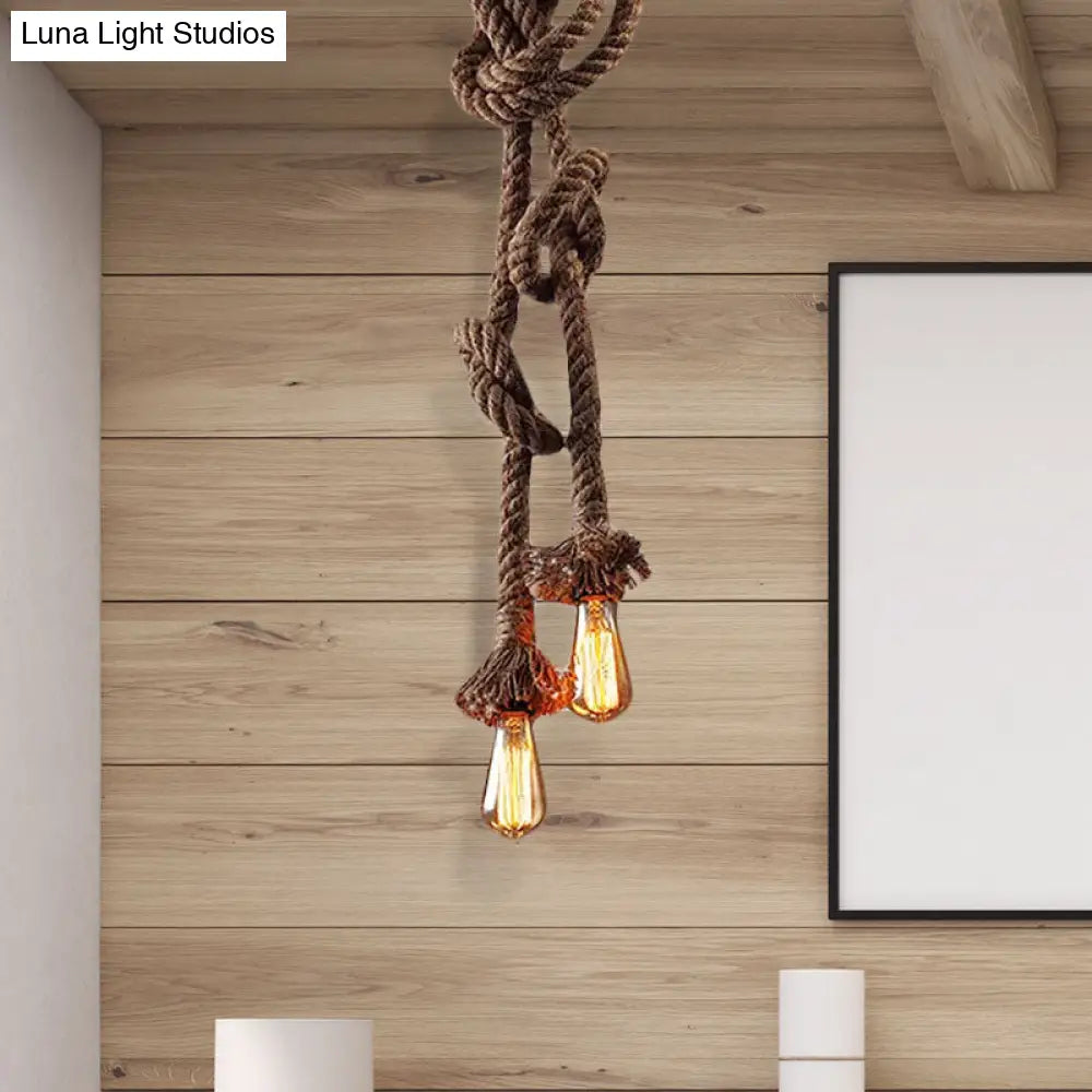 Vintage Style Light Brown Rope Pendant With Open Bulb - 2 Heads Ceiling Hanging Lighting For Bar