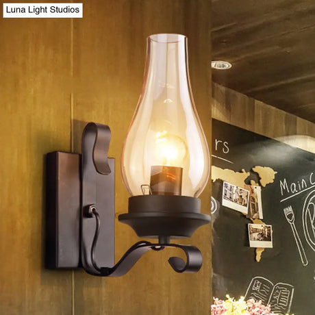 Vintage Style Matte Black Amber Glass Wall Sconce - Single Light Kerosene Living Room Lamp With