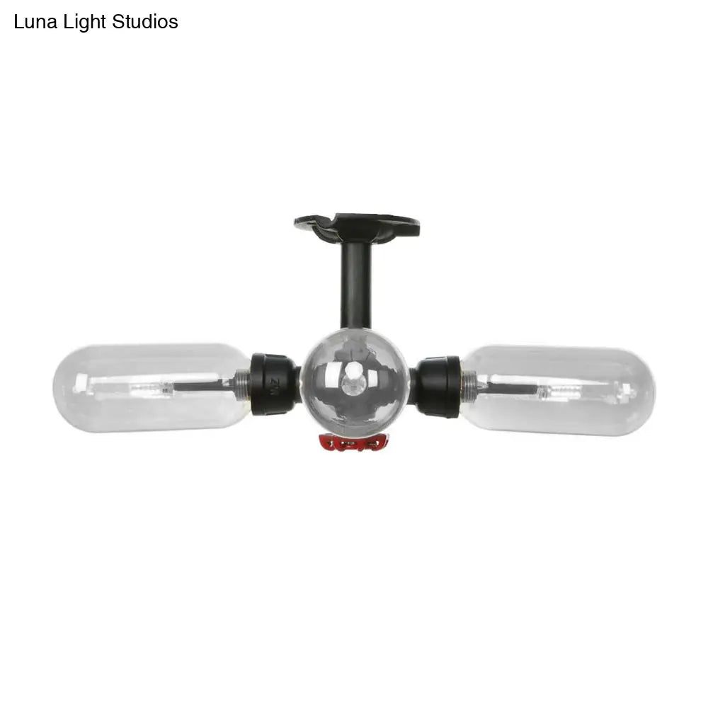 Vintage Style Matte Black Semi Flush Light With Clear Glass - Pipe Designed 3/4 Capsule Fixture