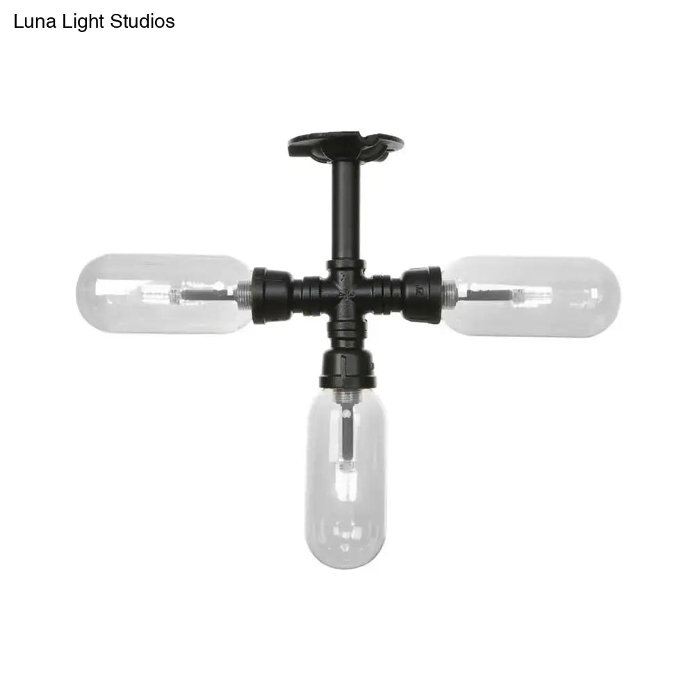 Vintage Style Matte Black Semi Flush Light With Clear Glass - Pipe Designed 3/4 Capsule Fixture