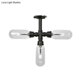 Vintage Style Matte Black Semi Flush Light With Clear Glass - Pipe Designed 3/4 Capsule Fixture