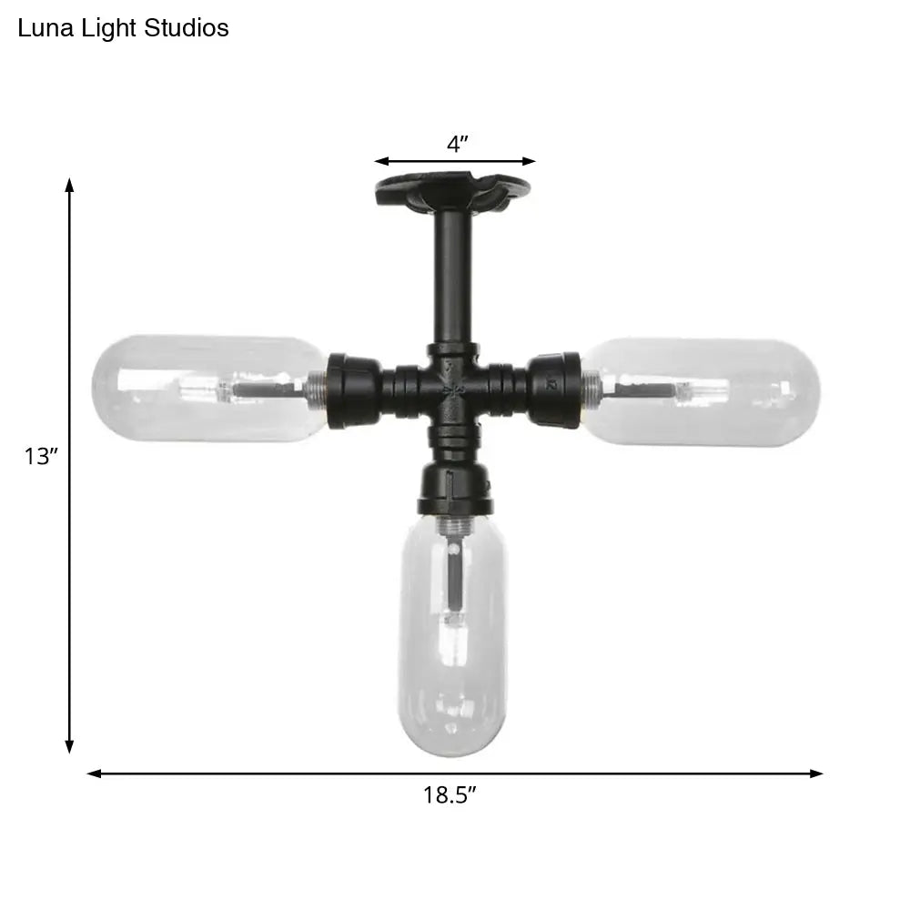 Vintage Style Matte Black Semi Flush Light With Clear Glass - Pipe Designed 3/4 Capsule Fixture