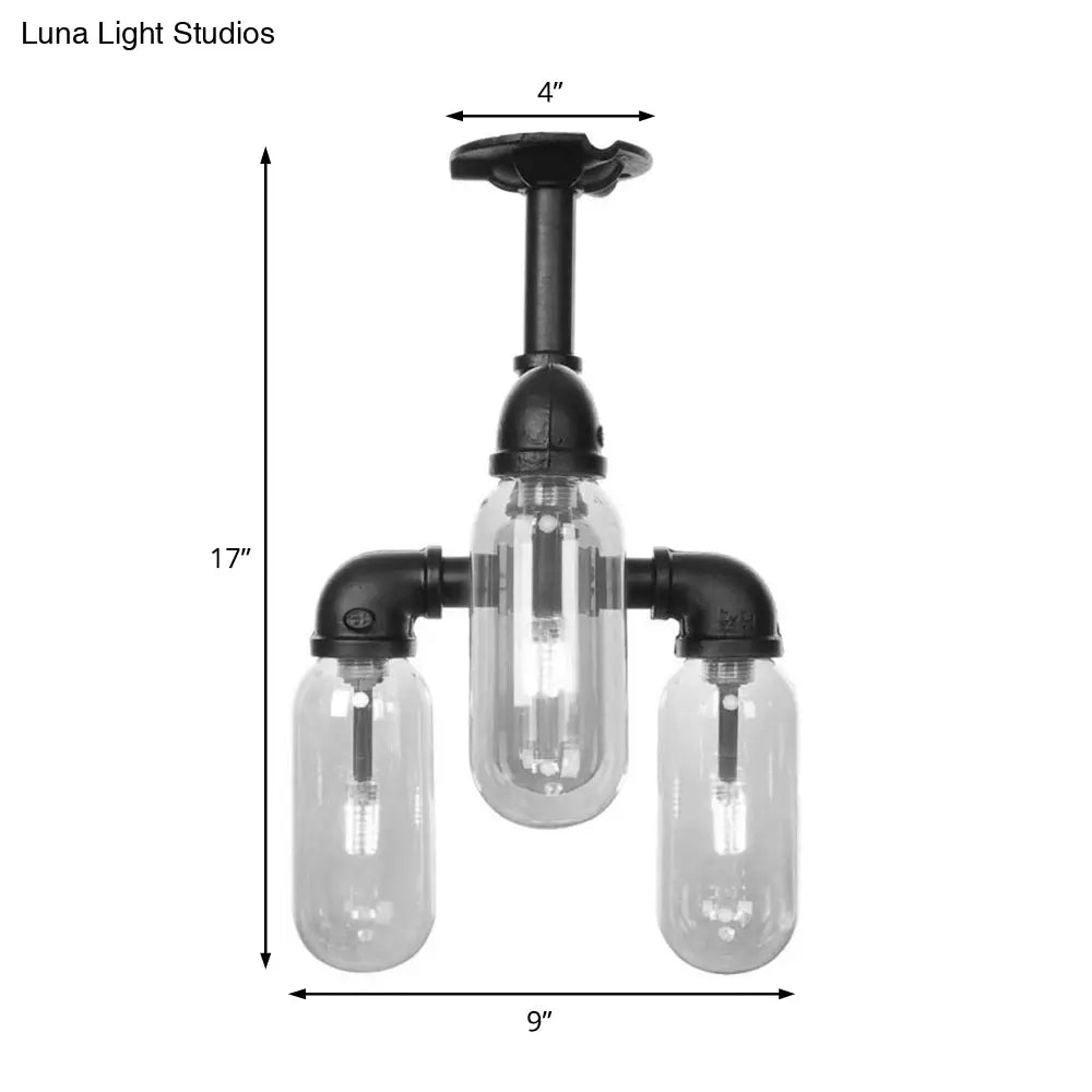 Vintage Style Matte Black Semi Flush Light With Clear Glass - Pipe Designed 3/4 Capsule Fixture