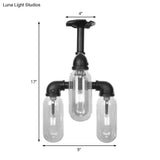 Vintage Style Matte Black Semi Flush Light With Clear Glass - Pipe Designed 3/4 Capsule Fixture