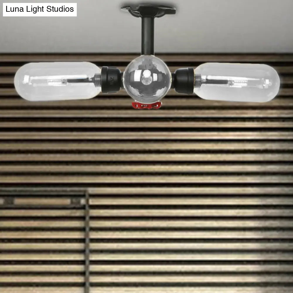 Vintage Style Matte Black Semi Flush Light With Clear Glass - Pipe Designed 3/4 Capsule Fixture