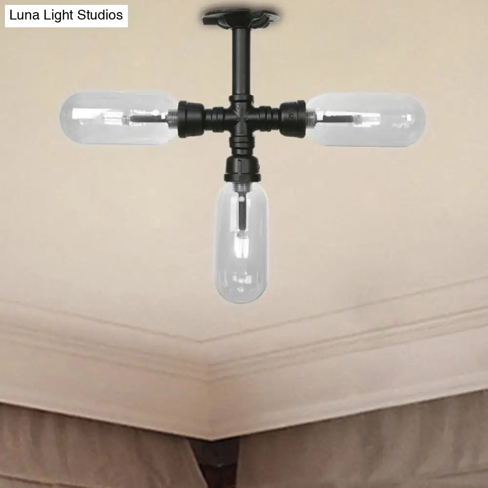 Vintage Style Matte Black Semi Flush Light With Clear Glass - Pipe Designed 3/4 Capsule Fixture