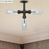 Vintage Style Matte Black Semi Flush Light With Clear Glass - Pipe Designed 3/4 Capsule Fixture