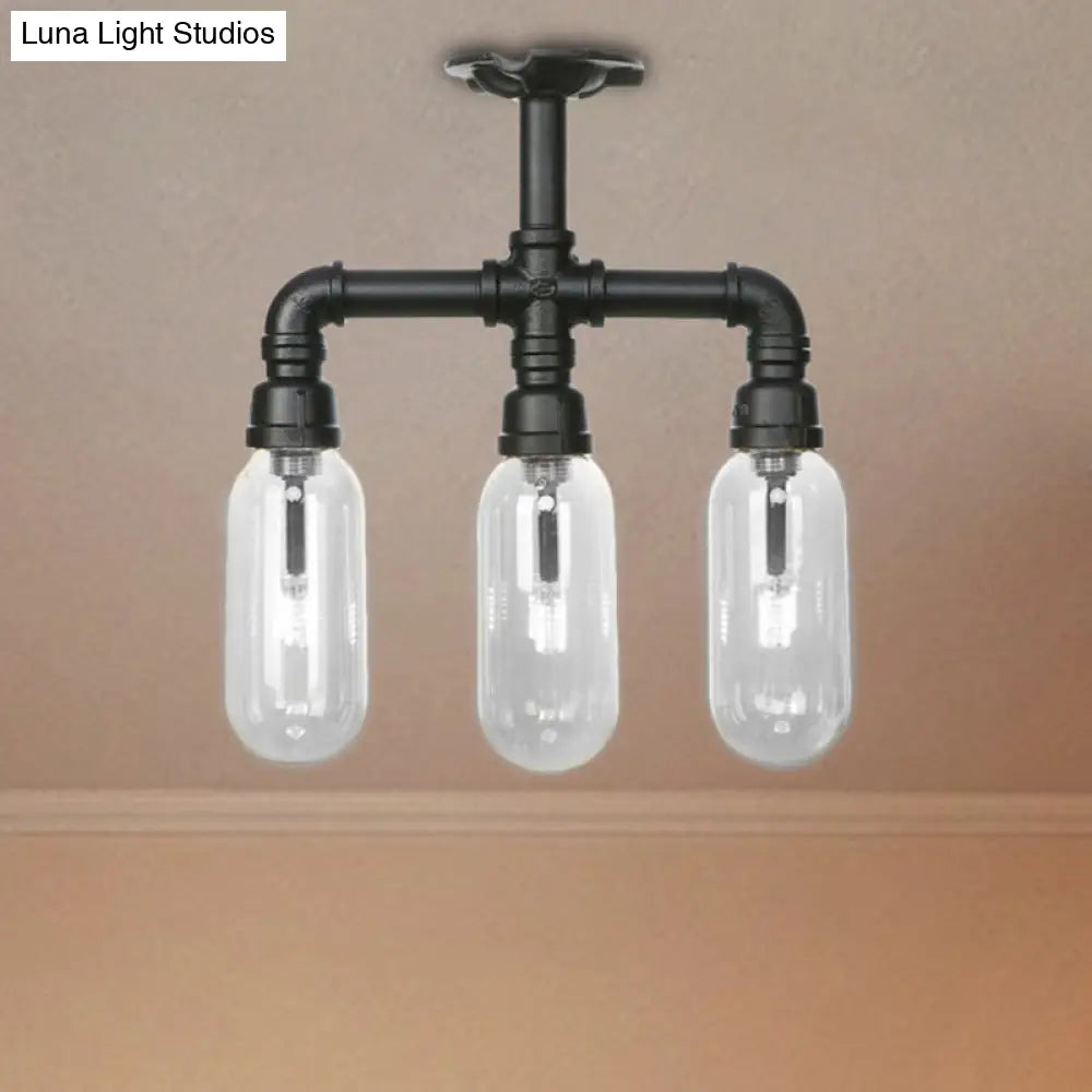 Vintage Style Matte Black Semi Flush Light With Clear Glass - Pipe Designed 3/4 Capsule Fixture