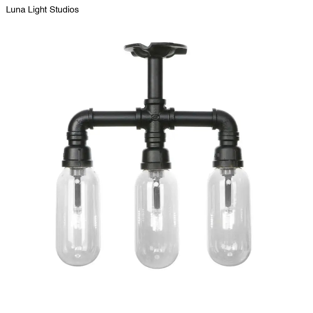 Vintage Style Matte Black Semi Flush Light With Clear Glass - Pipe Designed 3/4 Capsule Fixture