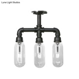 Vintage Style Matte Black Semi Flush Light With Clear Glass - Pipe Designed 3/4 Capsule Fixture