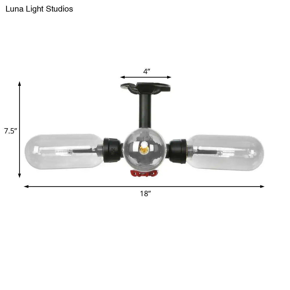 Vintage Style Matte Black Semi Flush Light With Clear Glass - Pipe Designed 3/4 Capsule Fixture