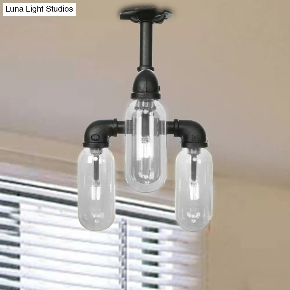 Vintage Style Matte Black Semi Flush Light With Clear Glass - Pipe Designed 3/4 Capsule Fixture