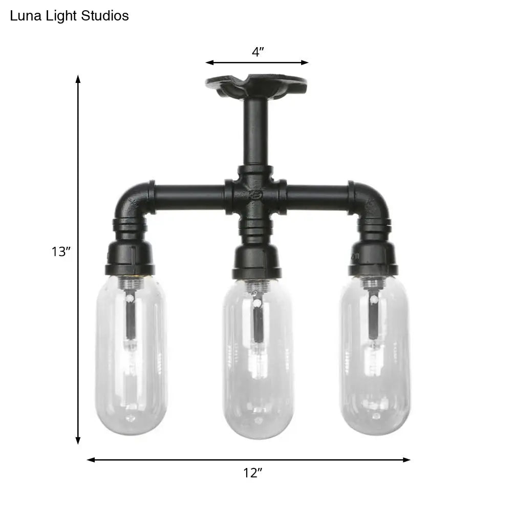 Vintage Style Matte Black Semi Flush Light With Clear Glass - Pipe Designed 3/4 Capsule Fixture