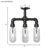 Vintage Style Matte Black Semi Flush Light With Clear Glass - Pipe Designed 3/4 Capsule Fixture