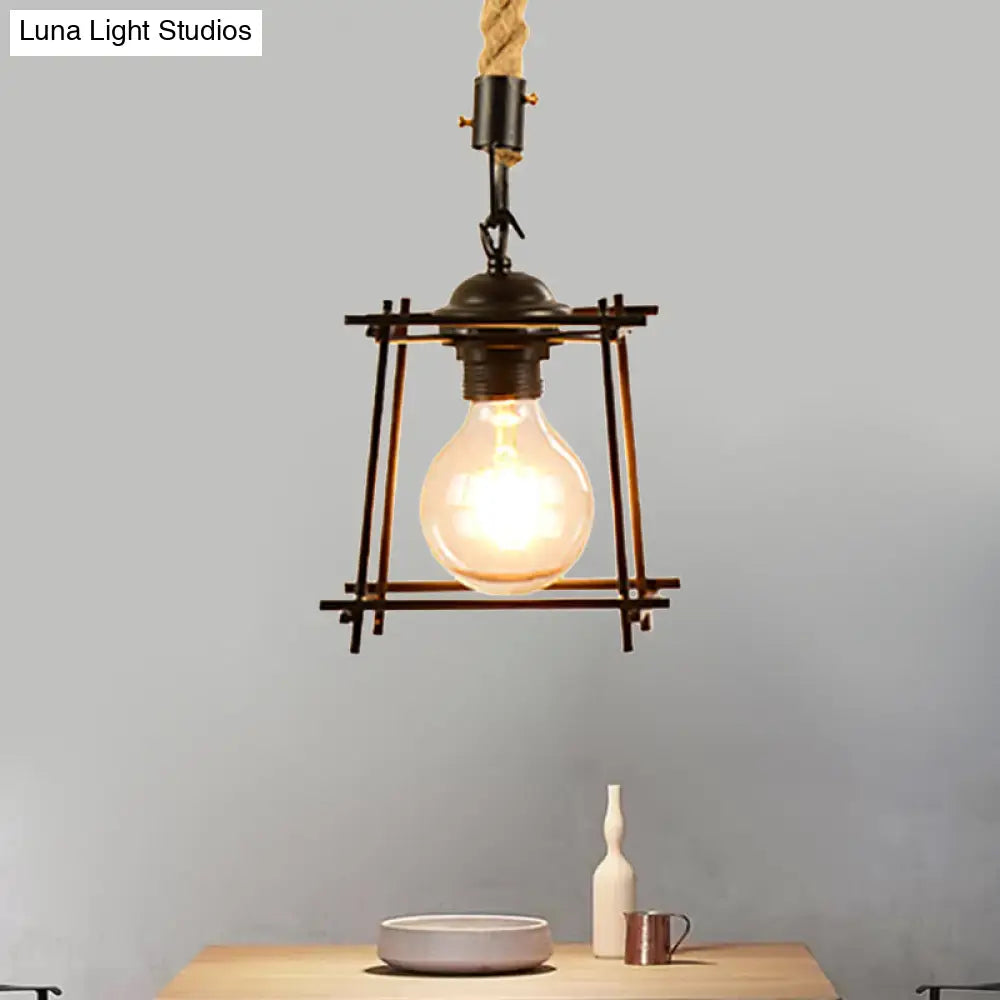 Vintage Style Metal And Rope Pendant Light With Black Wire Cage Cylinder/Square Shade