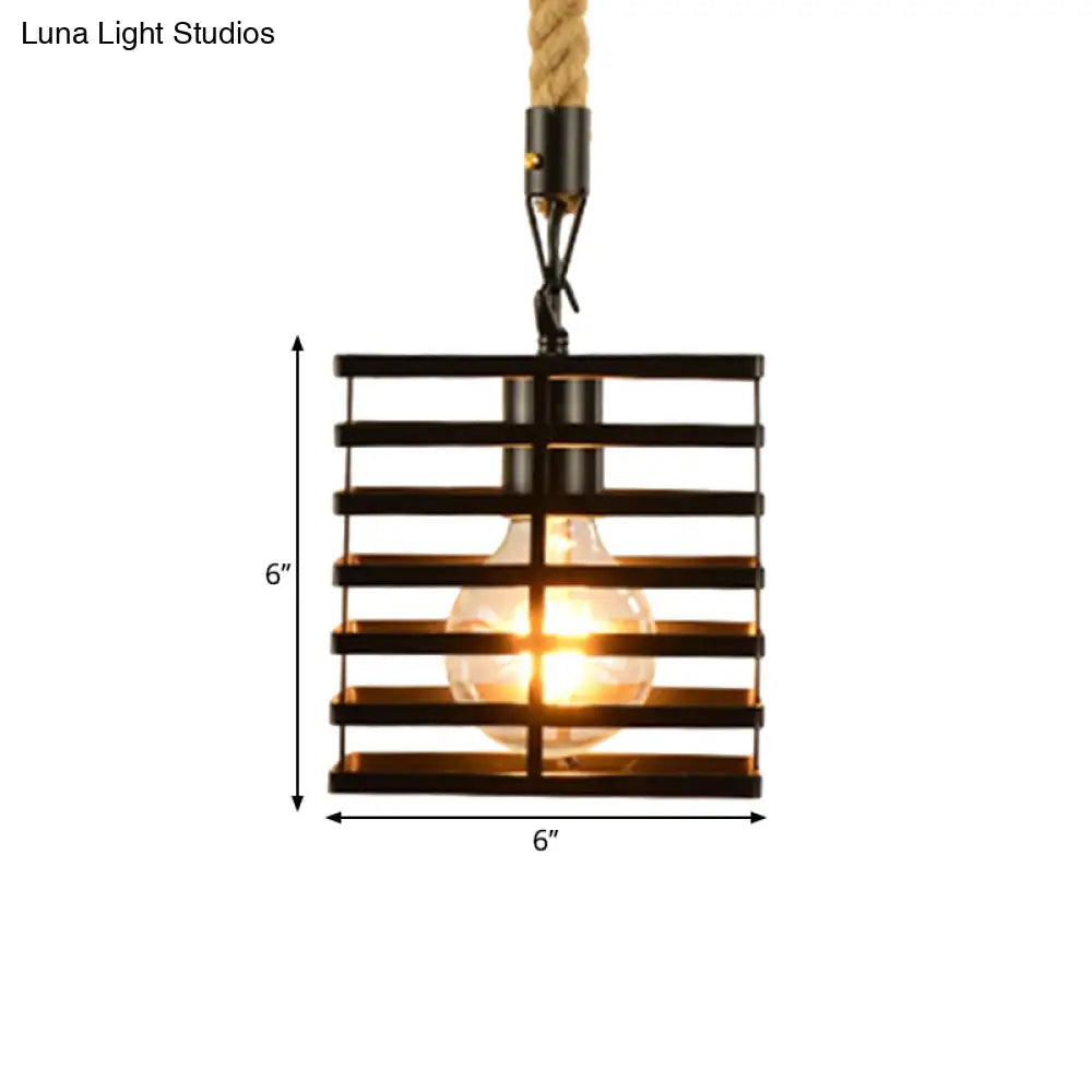 Vintage Style Metal And Rope Pendant Light With Black Wire Cage Cylinder/Square Shade