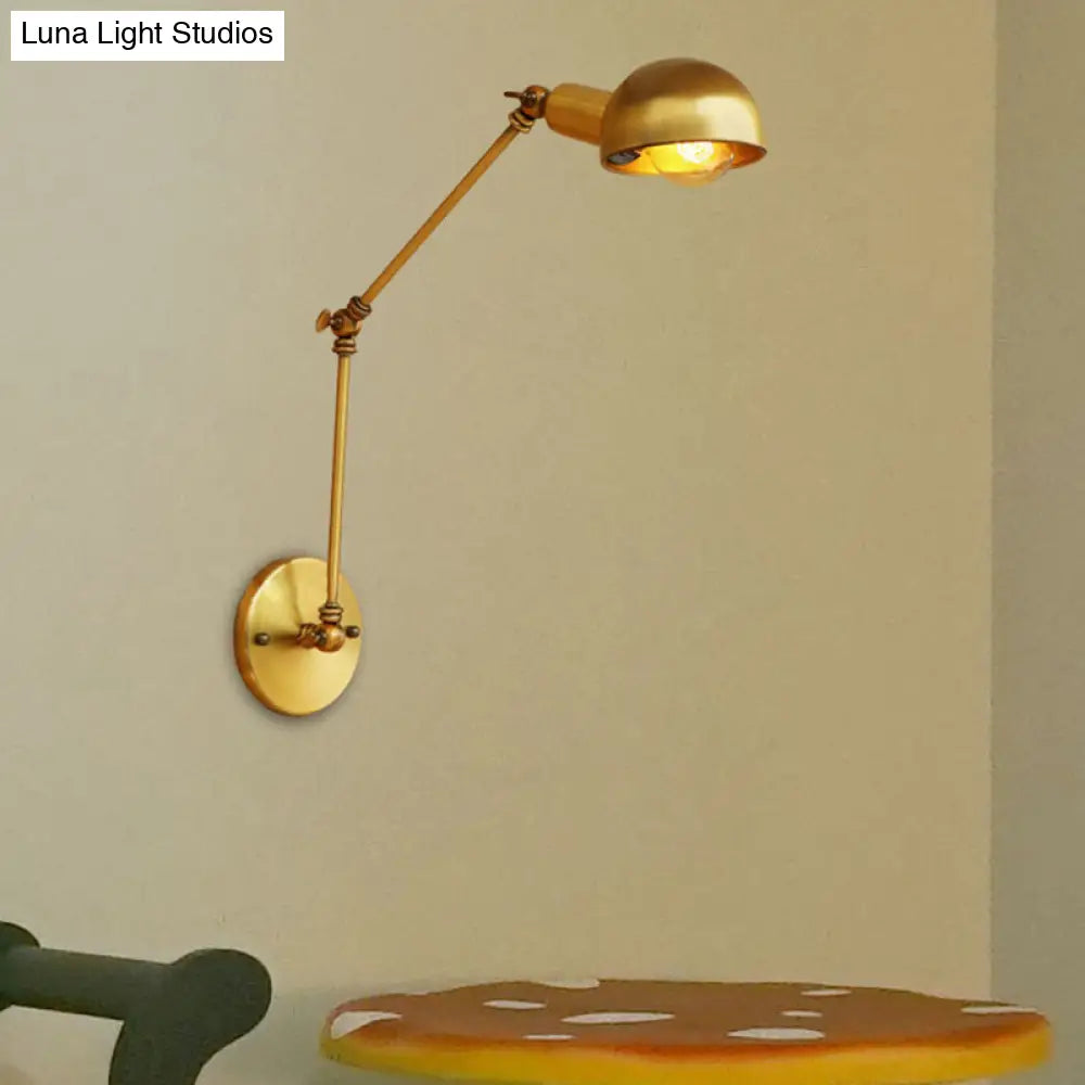 Vintage Style Metal Swing Arm Wall Lighting With Bowl Shade - 1 Light Brass Sconce For Study Room