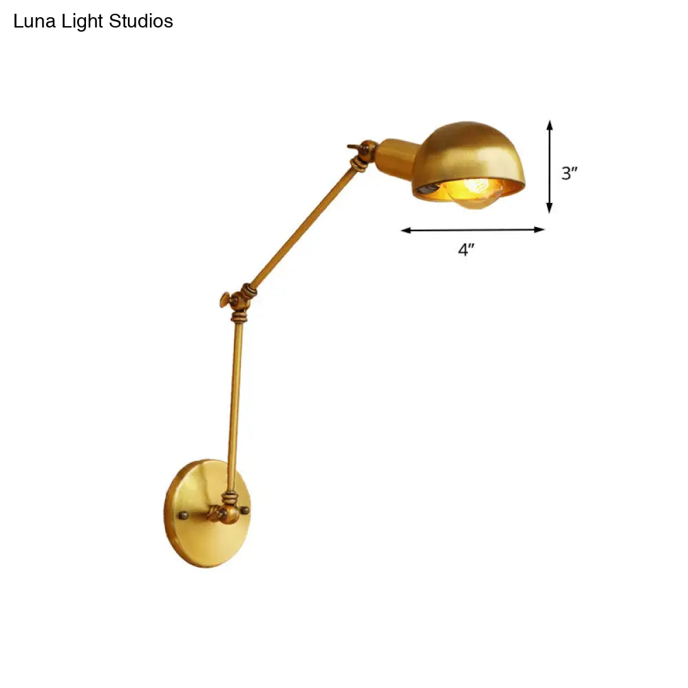 Vintage Style Metal Swing Arm Wall Lighting With Bowl Shade - 1 Light Brass Sconce For Study Room