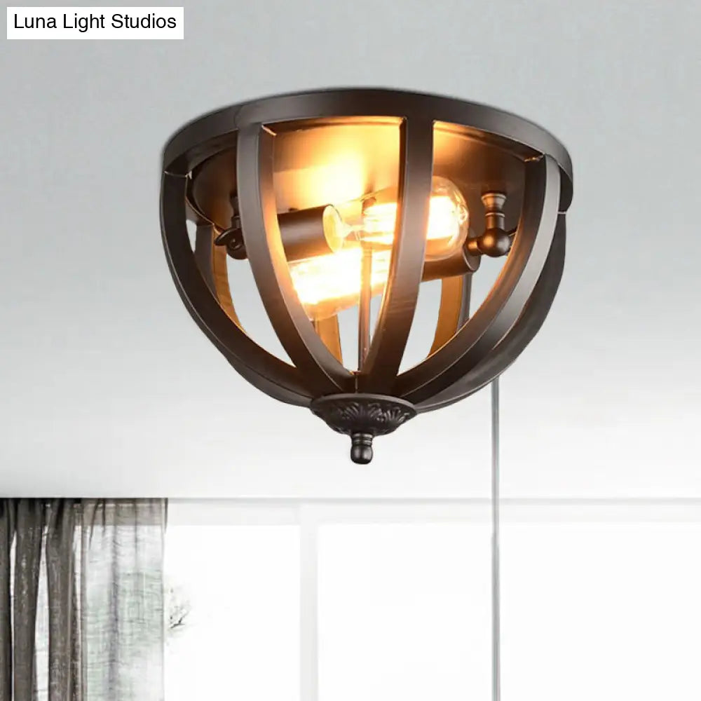 Vintage Style Metallic Cage Ceiling Mount Lamp With 2 Lights In Black For Living Room