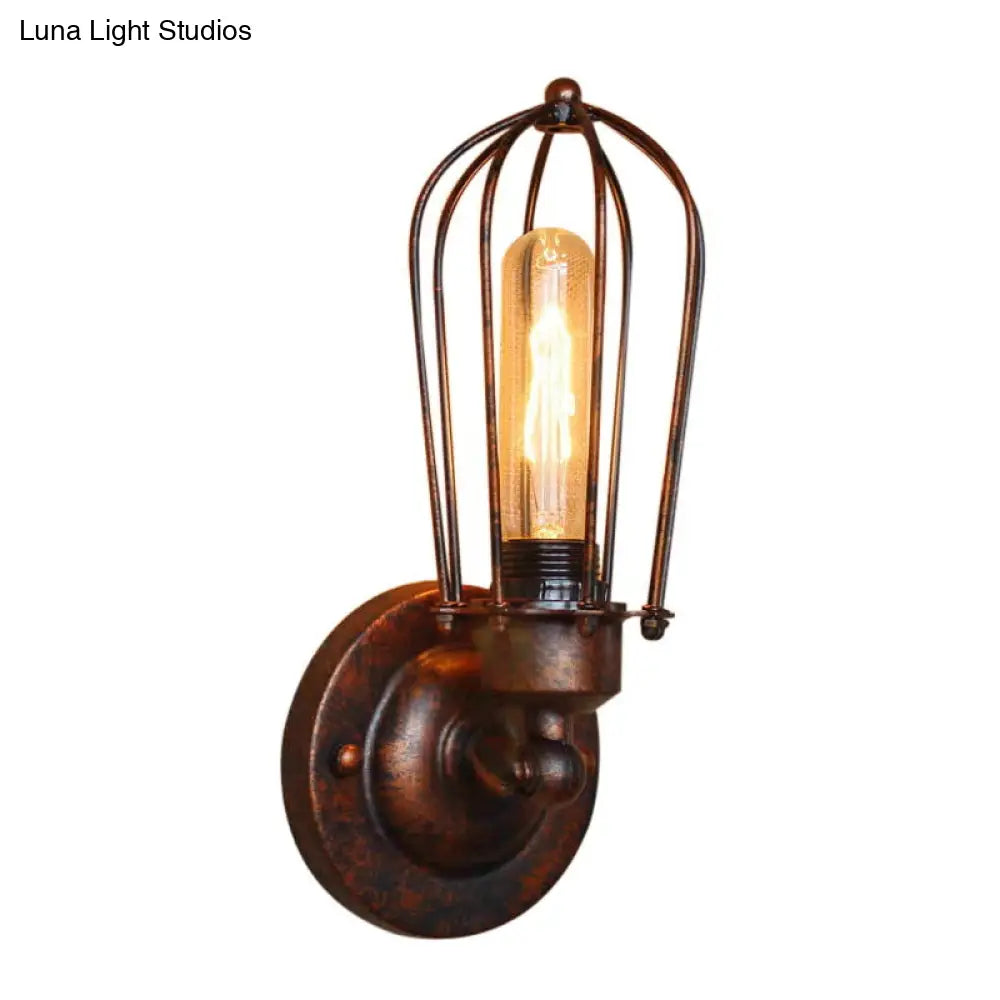 Vintage-Style Mini Wall Sconce With Cage Shade And Rustic Brass Finish For Living Room