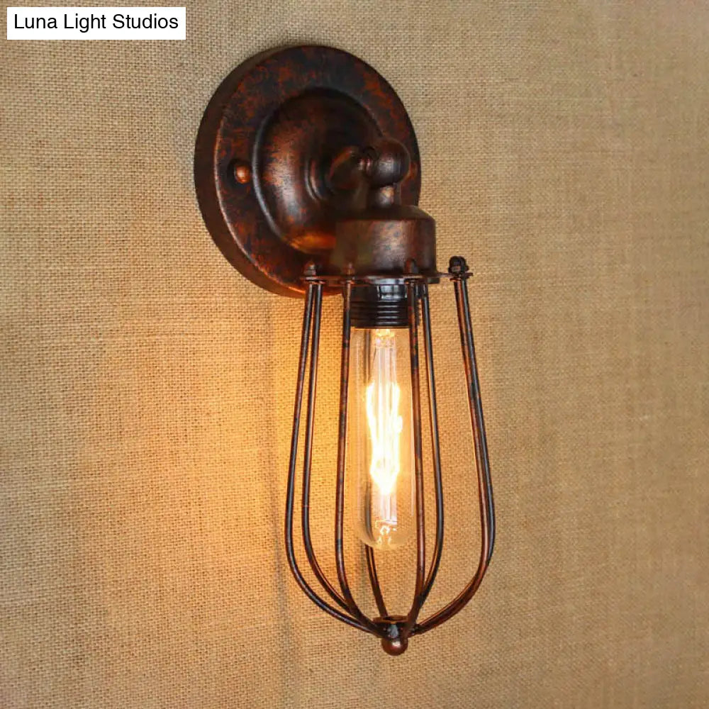 Vintage-Style Mini Wall Sconce With Cage Shade And Rustic Brass Finish For Living Room