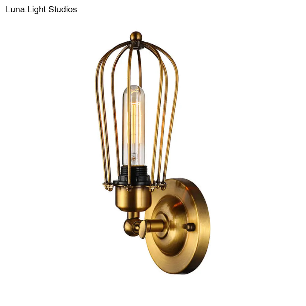 Vintage-Style Mini Wall Sconce With Cage Shade And Rustic Brass Finish For Living Room