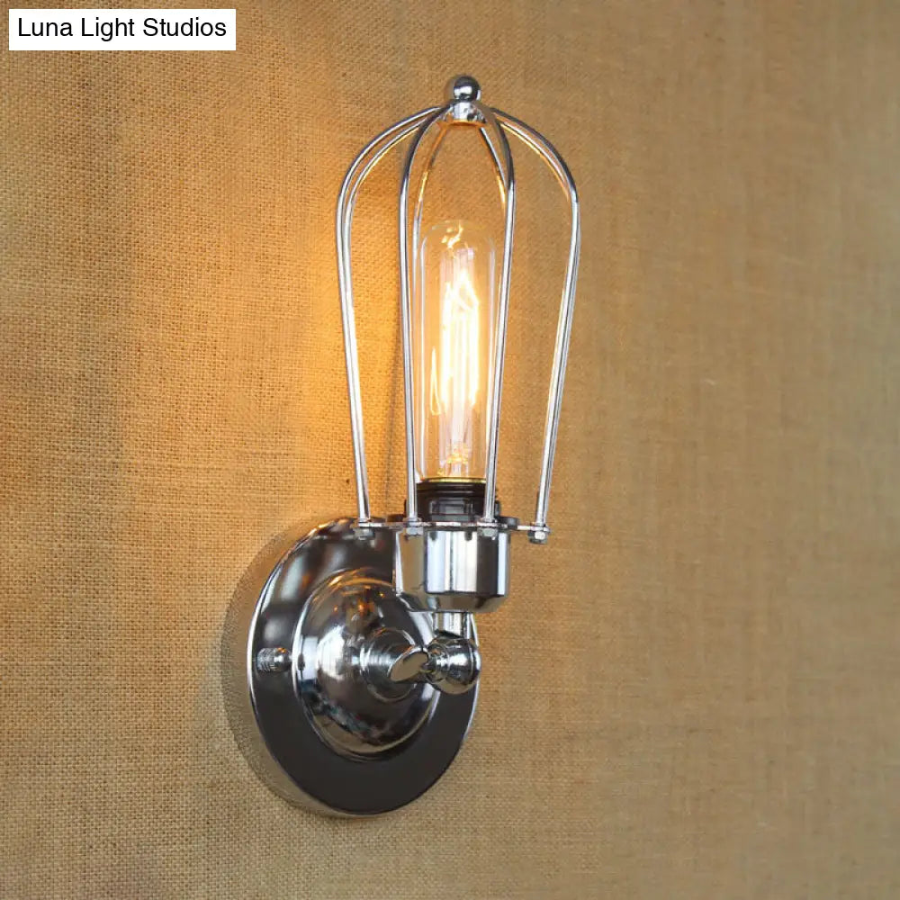 Vintage-Style Mini Wall Sconce With Cage Shade And Rustic Brass Finish For Living Room