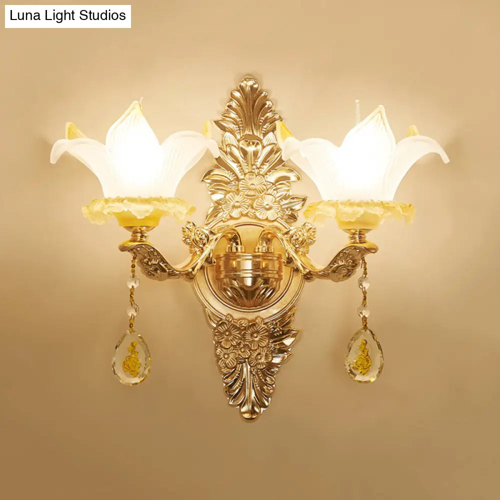Vintage Style Petal Wall Sconce Opal Glass 1/2-Bulb Gold Light With Crystal Teardrop Deco