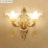 Vintage Style Petal Wall Sconce Opal Glass 1/2-Bulb Gold Light With Crystal Teardrop Deco