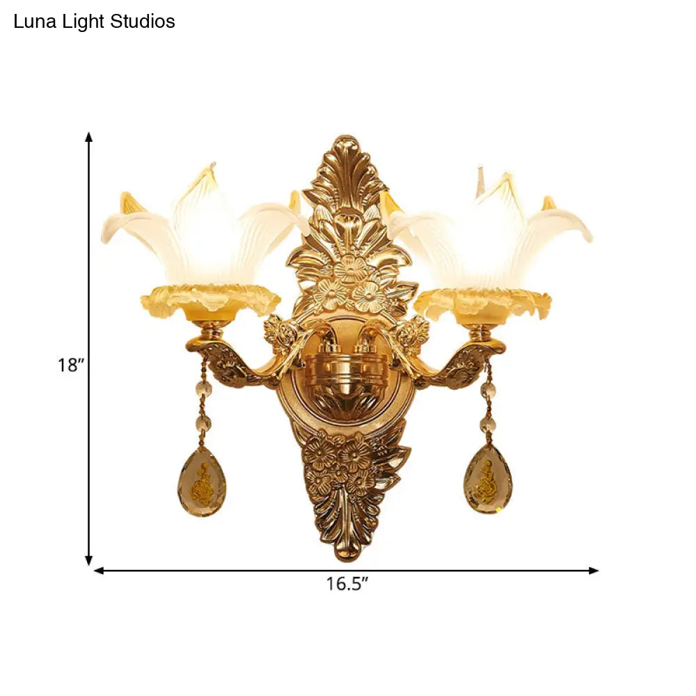 Vintage Style Petal Wall Sconce Opal Glass 1/2-Bulb Gold Light With Crystal Teardrop Deco
