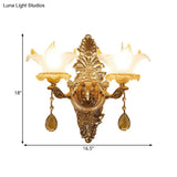 Vintage Style Petal Wall Sconce Opal Glass 1/2-Bulb Gold Light With Crystal Teardrop Deco