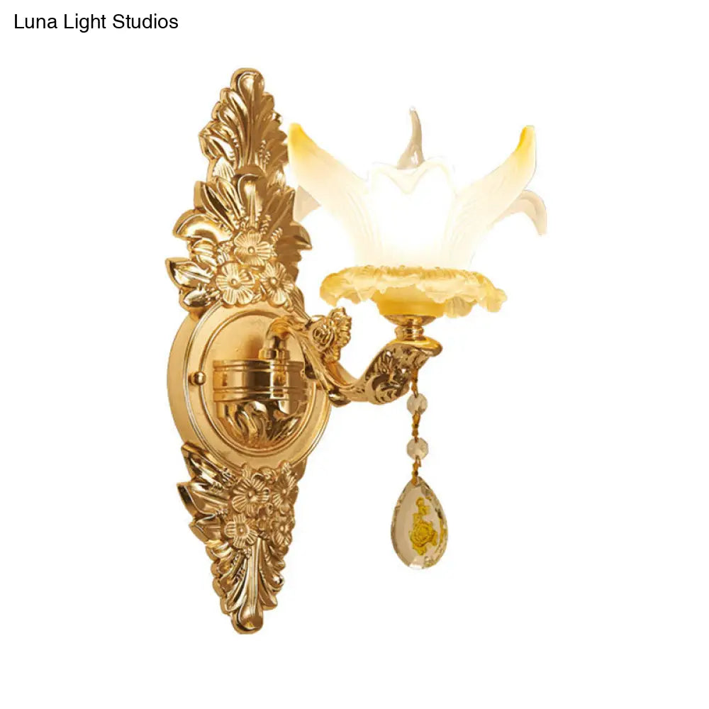 Vintage Style Petal Wall Sconce Opal Glass 1/2-Bulb Gold Light With Crystal Teardrop Deco