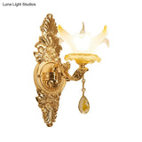 Vintage Style Petal Wall Sconce Opal Glass 1/2-Bulb Gold Light With Crystal Teardrop Deco