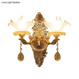 Vintage Style Petal Wall Sconce Opal Glass 1/2-Bulb Gold Light With Crystal Teardrop Deco