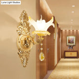 Vintage Style Petal Wall Sconce Opal Glass 1/2-Bulb Gold Light With Crystal Teardrop Deco