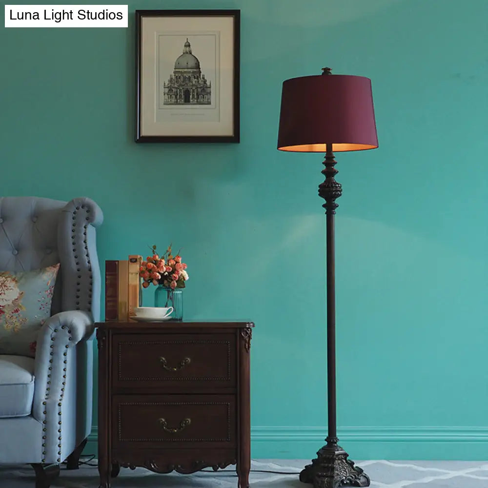 Vintage-Style Red Floor Lamp With Barrel Shade Fabric In 1 Bulb Standing Light