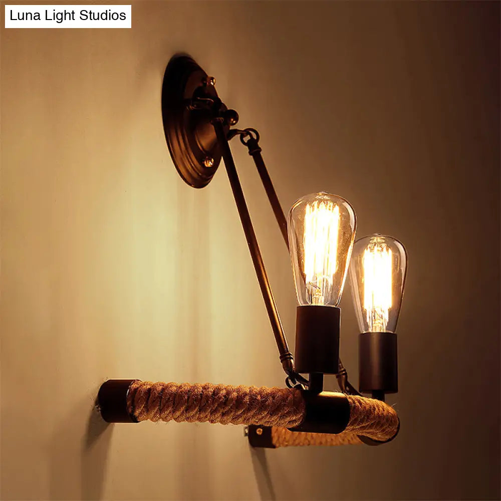 Vintage Style Roped Half-Ring Wall Light With 2 Bare Bulbs In Black For Living Room