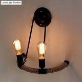 Vintage Style Roped Half-Ring Wall Light With 2 Bare Bulbs In Black For Living Room