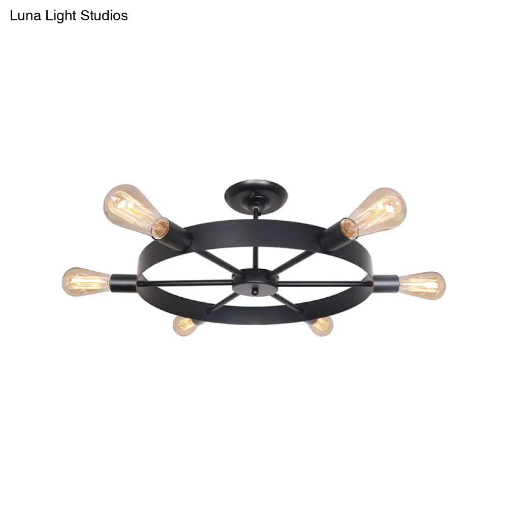Vintage Style Rudder Restaurant Ceiling Light With 6 Bare Bulb Semi Flush Mount - Black