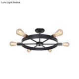 Vintage Style Rudder Restaurant Ceiling Light With 6 Bare Bulb Semi Flush Mount - Black