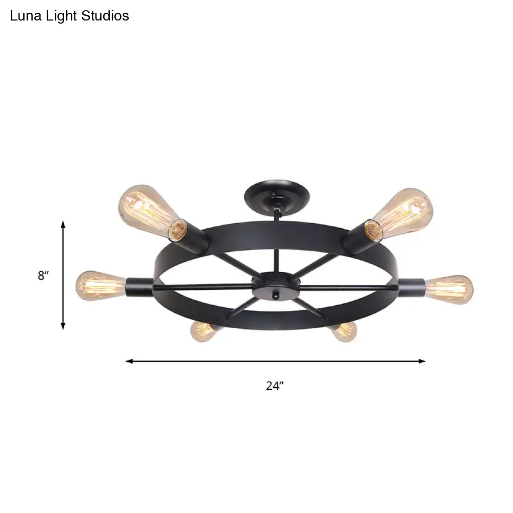 Vintage Style Rudder Restaurant Ceiling Light With 6 Bare Bulb Semi Flush Mount - Black