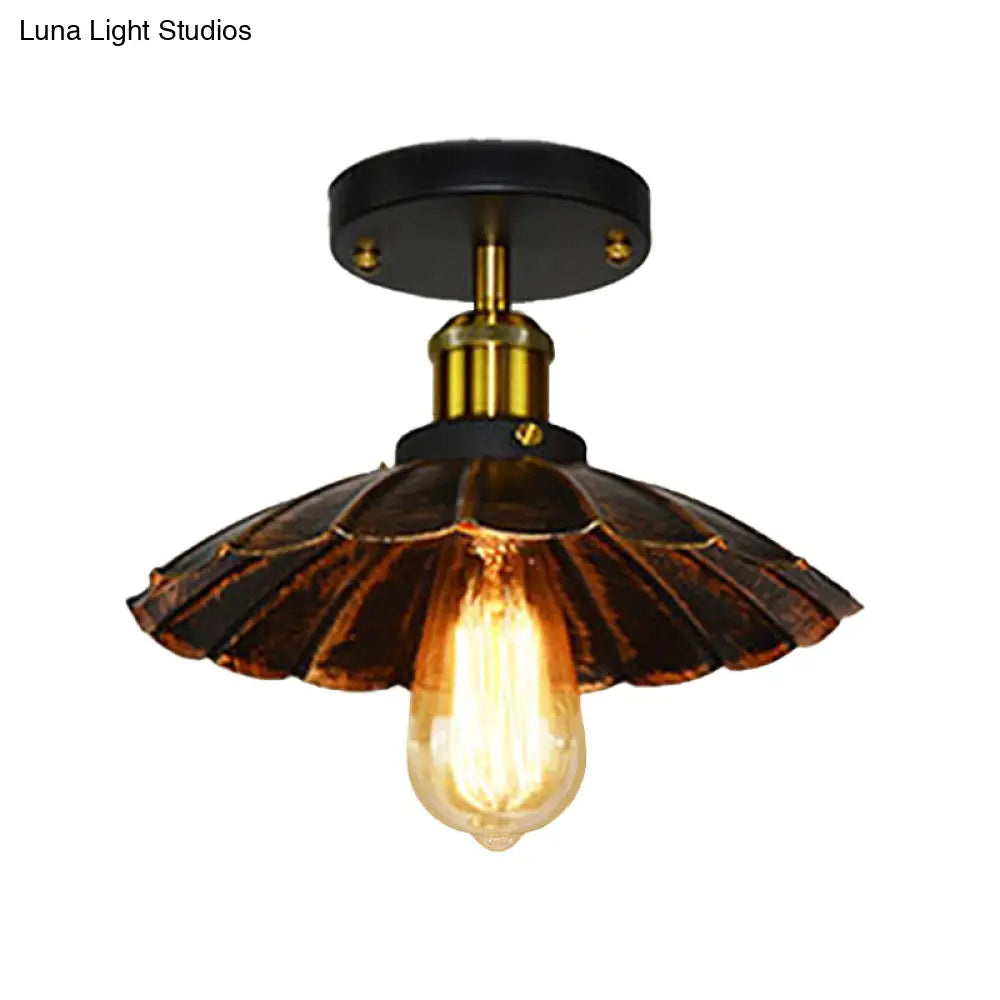 Vintage Style Scalloped Edge Balcony Semi Flush Ceiling Light In Black/Rust With 1 Metal Fixture