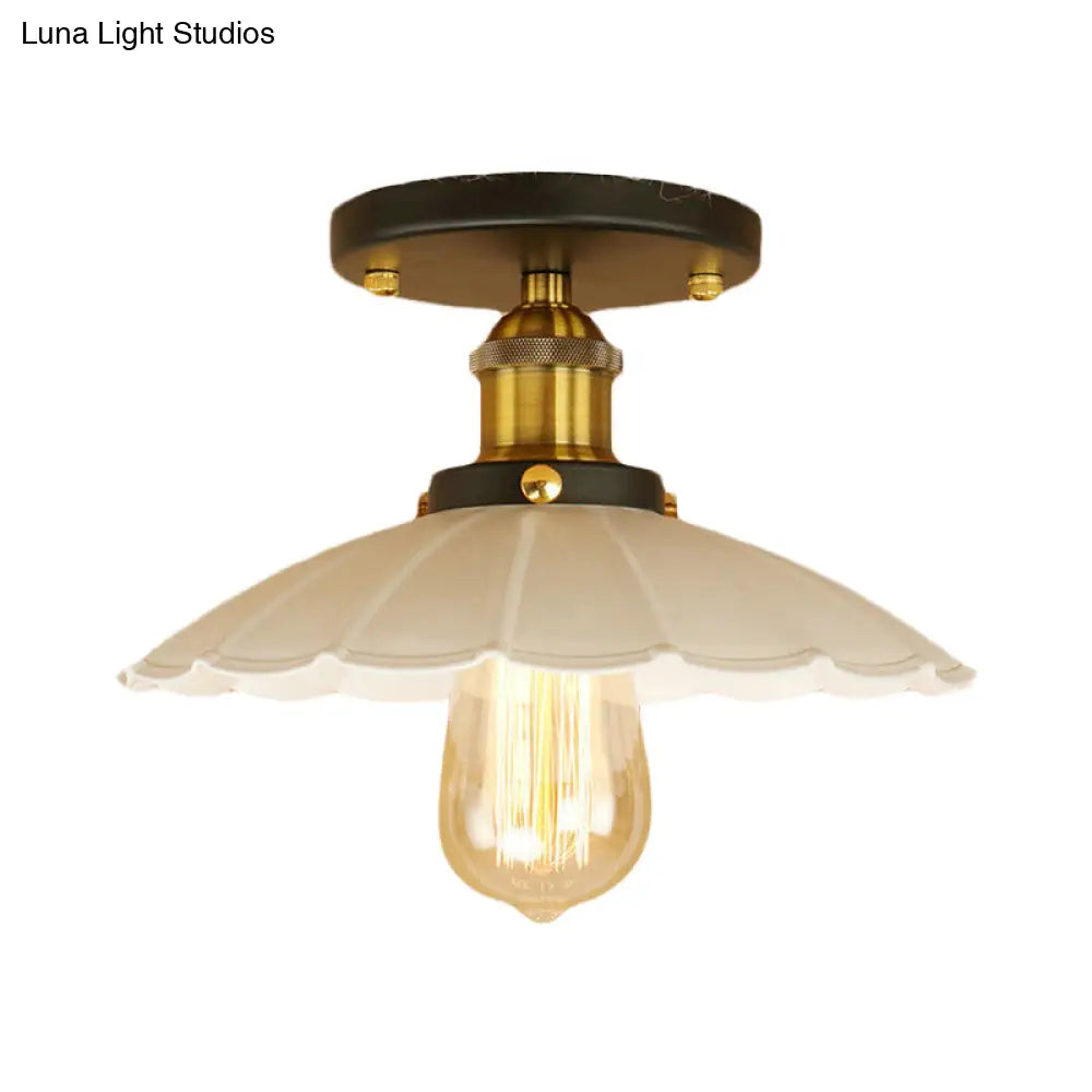 Vintage Style Scalloped Edge Balcony Semi Flush Ceiling Light In Black/Rust With 1 Metal Fixture