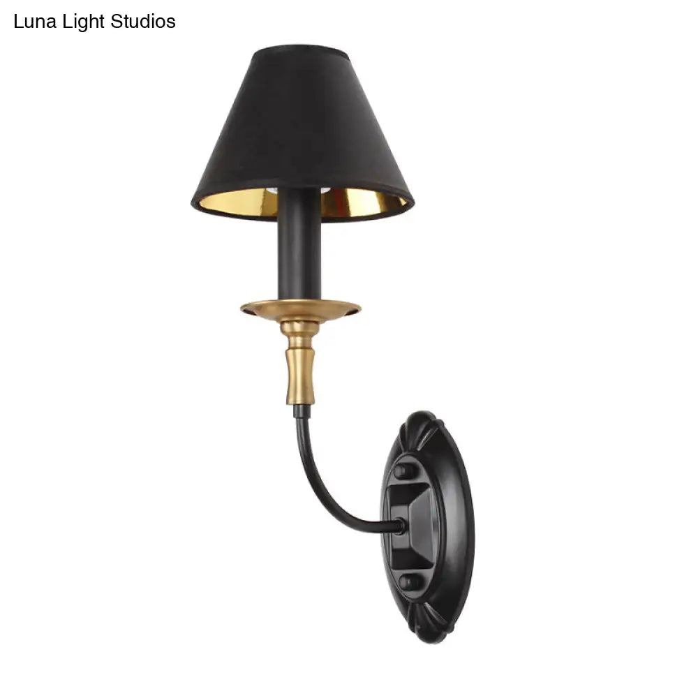 Vintage Style Tapered Wall Sconce With Fabric Shade - 1/2 Lights Black Finish
