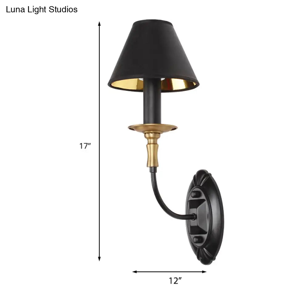 Vintage Style Tapered Wall Sconce With Fabric Shade - 1/2 Lights Black Finish