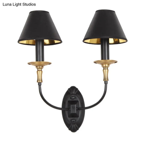 Vintage Style Tapered Wall Sconce With Fabric Shade - 1/2 Lights Black Finish