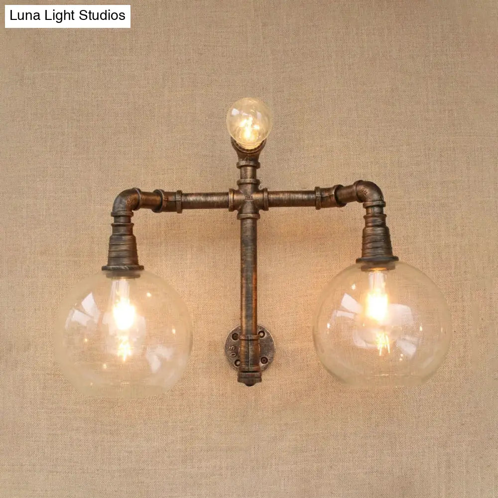 Vintage Style Wall Sconce Lighting: Glass Clear Mounted Global Shade 2/3 Lights With Pipe For Living